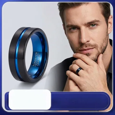 Minimalist Tungsten Steel Ring Black Brushed Blue Groove Unisex Wedding Band Couple Ring Fashion Jewelry