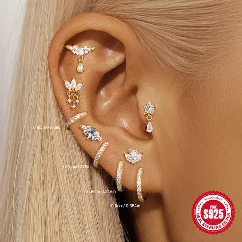 S925 Sterling Silver Zirconia Pentagram Tassel Cartilage Spiral Piercing Stud Earrings Fashion Jewelry Women