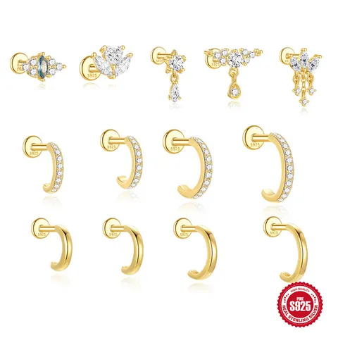 S925 Sterling Silver Zirconia Pentagram Tassel Cartilage Spiral Piercing Stud Earrings Fashion Jewelry Women