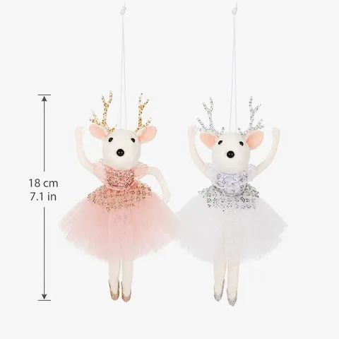 Christmas Tree Hanging Ornament Cute Plush Mesh Skirt Golden Antlers Deer Mouse Doll Holiday Party Home Decoration