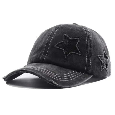 Gorra de Béisbol Vintage Desgastada para Mujer Lentejuelas Pentagrama Cola de Caballo Sombrero de Sol Algodón Casual Deportivo