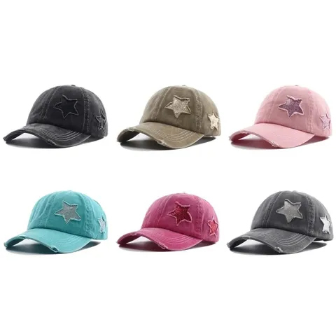 Gorra de Béisbol Vintage Desgastada para Mujer Lentejuelas Pentagrama Cola de Caballo Sombrero de Sol Algodón Casual Deportivo