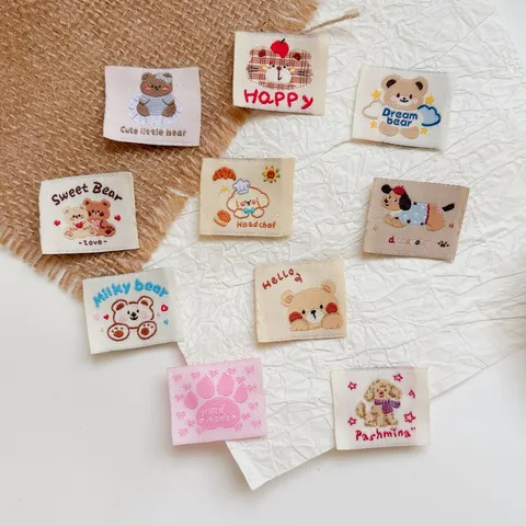 Cute Cartoon Animal Woven Label Patches Polyester Embroidery Bear Dog Paw Cloth Stickers For DIY Clothing Accessories