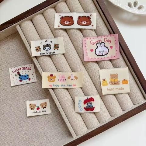 Cute Cartoon Bear Rabbit Woven Fabric Labels For DIY Hair Clips Bags Phone Case Decoration Embroidered Cloth Patches