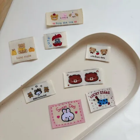 Cute Cartoon Bear Rabbit Woven Fabric Labels For DIY Hair Clips Bags Phone Case Decoration Embroidered Cloth Patches