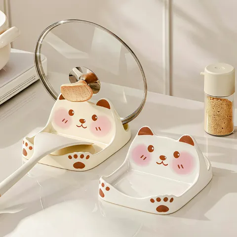 Cartoon Bear Ceramic Pot Lid Holder Kitchen Countertop Spatula Spoon Rest Rack Desktop Cutting Board Storage Stand Home Decor