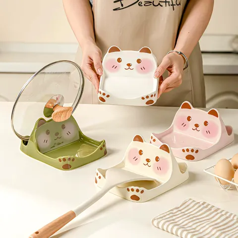 Cartoon Bear Ceramic Pot Lid Holder Kitchen Countertop Spatula Spoon Rest Rack Desktop Cutting Board Storage Stand Home Decor