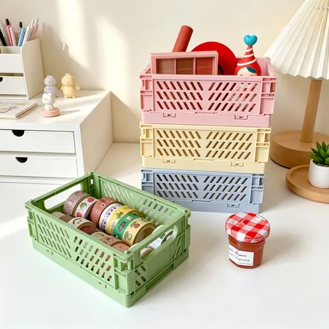 Mini Panier de Rangement de Bureau Pliable en Plastique Caisses Empilables pour Papeterie Cosmétiques Articles Divers Organisation