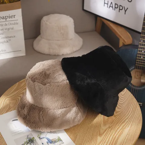 Winter Warmer Kunstnerz-Fell Eimerhut Für Damen Verdickter Einfarbiger Breiter Krempen Plüsch Fischerhut Lässiger Kaltwetterhut