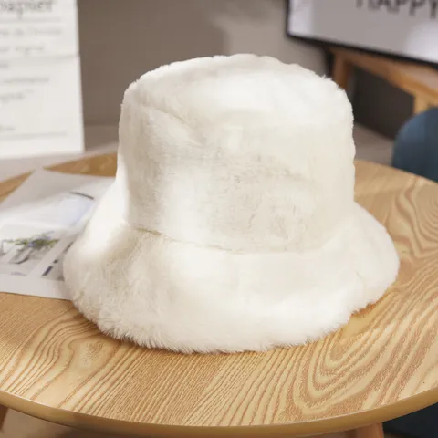 Winter Warmer Kunstnerz-Fell Eimerhut Für Damen Verdickter Einfarbiger Breiter Krempen Plüsch Fischerhut Lässiger Kaltwetterhut