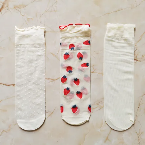 Lolita Sweet Lace Sheer Mid-Calf Socks Strawberry Polka Dot Printed Transparent Thin Mesh Socks For Women Princess Style Daily Party Wear