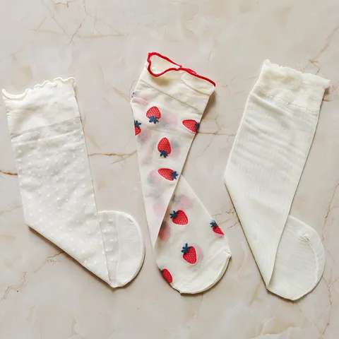 Lolita Sweet Lace Sheer Mid-Calf Socks Strawberry Polka Dot Printed Transparent Thin Mesh Socks For Women Princess Style Daily Party Wear