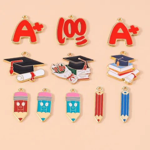 Zinc Alloy Enamel Graduation Charms 10 Pcs Pack Doctoral Hat Pencil Book A Plus 100 Points DIY Keychain Pendant Jewelry Making