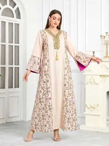 Dames Lange Mouw V-Hals Kaftan Jurk Los Elegant Metalen Pailletten Geborduurd Maxi Jurk Etnisch Feest Lange Badjas