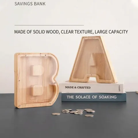 Natural Wooden Alphabet Piggy Bank Transparent Acrylic Money Saving Box Kids Coin Bank Desktop Decor Gift