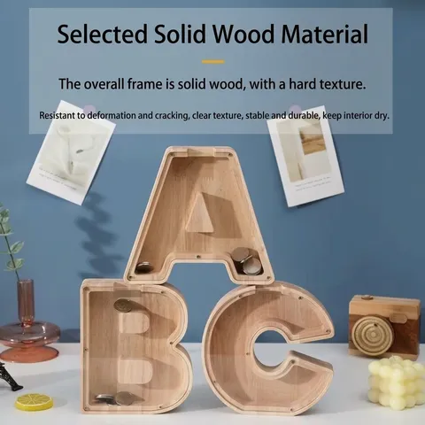 Natural Wooden Alphabet Piggy Bank Transparent Acrylic Money Saving Box Kids Coin Bank Desktop Decor Gift