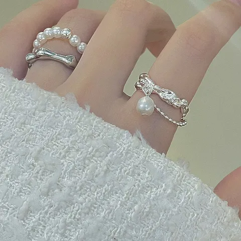 Damen Unregelmäßiger Offener Ring Kupfer Künstliche Perle Doppellagiger Anhänger Geometrischer Sweet-Cool Stil Fingerring Schmuck