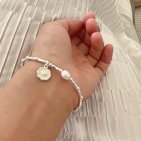 Pulsera Chapada en Plata con Nudo de Bambú y Corazón Diseño Nicho Coreano Con Perla Artificial Joyería de Moda Minimalista para Mujer