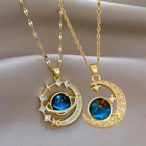 Gold Star Moon Planet Starry Sky Pendant Necklace Zircon Micro-Inlaid Clavicle Chain Fashion Jewelry Gift For Women