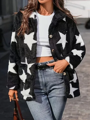 Women Casual Fleece Cardigan Coat Long Sleeve Lapel Single Breasted Star Printed Pockets Winter Outerwear