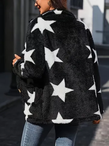 Women Casual Fleece Cardigan Coat Long Sleeve Lapel Single Breasted Star Printed Pockets Winter Outerwear