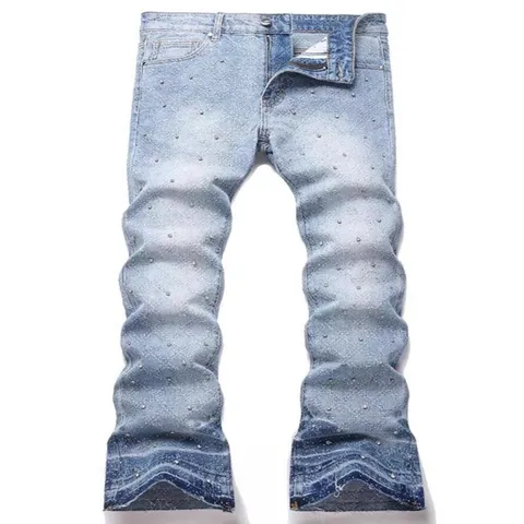 Men's Casual Slim Fit Flared Jeans American Streetwear High Street Rhinestone Stretch Denim Long Pants