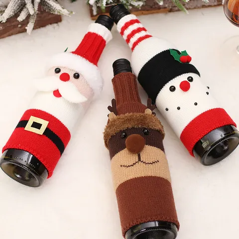 Christmas Knitted Wine Bottle Cover Cute Santa Snowman Elk Wine Bag Festival Home Table Dinner Party Decoration