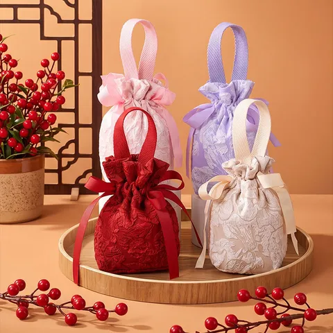 Huwelijk Snoep GesCHENKzakken Stoffen Trekkoord Pouch Met Lint Strik En Parel Hanger Chinese Stijl Feestbedankjes Verpakking