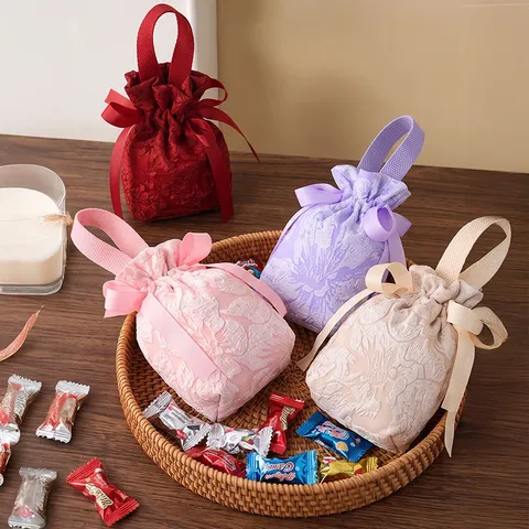 Huwelijk Snoep GesCHENKzakken Stoffen Trekkoord Pouch Met Lint Strik En Parel Hanger Chinese Stijl Feestbedankjes Verpakking