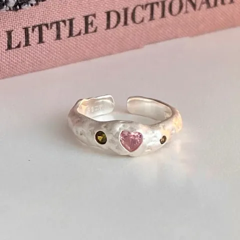 Irregular Texture Copper Pink Zircon Heart Ring For Women Sweet Open Adjustable Finger Ring Fashion Jewelry Gift