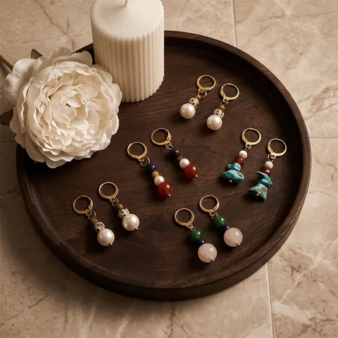 French Vintage Natural Stone Beaded Hoop Earrings Stainless Steel Faux Pearl Crushed Stone Jewelry For Women