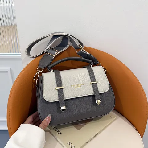 Women's Retro PU Leather Saddle Bag Patchwork Handbag Large Capacity Crossbody Shoulder Bag With Double Belt Fashion Handbag