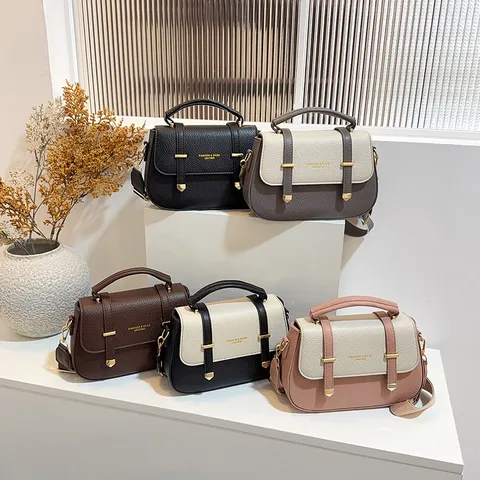 Women's Retro PU Leather Saddle Bag Patchwork Handbag Large Capacity Crossbody Shoulder Bag With Double Belt Fashion Handbag