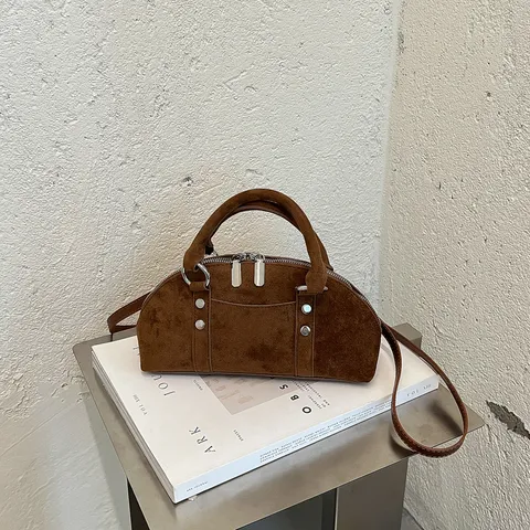 Vintage Suede Rivet Crossbody Handbag For Women Stylish Pillow Shape Top Handle Shoulder Bag With Pendant Fashion Daily Bag