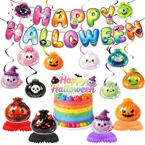 Halloween Party Decorations Happy Halloween Banner Spirals Honeycomb Ornaments Cake Topper Cartoon Ghost Pumpkin Printed Paper Festive Party Supplies