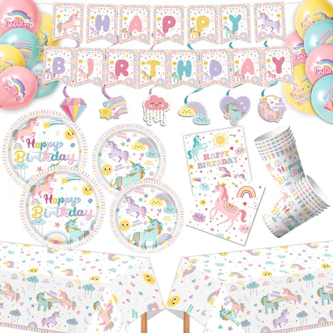 Stoviglie per Feste di Compleanno a Tema Unicorno Arcobaleno Decorazione Piatti di Carta Bicchieri Tovaglioli Tovaglia Banner Cake Toppers Palloncini