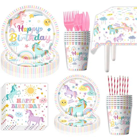 Stoviglie per Feste di Compleanno a Tema Unicorno Arcobaleno Decorazione Piatti di Carta Bicchieri Tovaglioli Tovaglia Banner Cake Toppers Palloncini