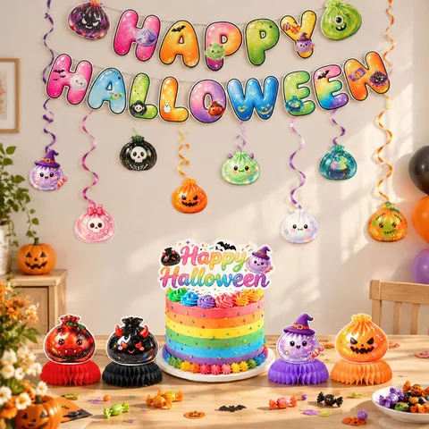 Halloween Party Decorations Happy Halloween Banner Spirals Honeycomb Ornaments Cake Topper Cartoon Ghost Pumpkin Printed Paper Festive Party Supplies