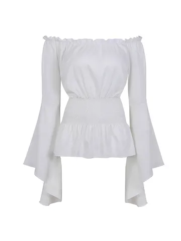 Blusa Medievale Retro da Donna Spalle Scoperte Manica Lunga a Tromba Vita Arricciata Tinta Unita Elegante Top Stile Corte
