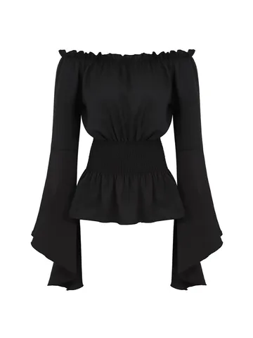 Blusa Medievale Retro da Donna Spalle Scoperte Manica Lunga a Tromba Vita Arricciata Tinta Unita Elegante Top Stile Corte