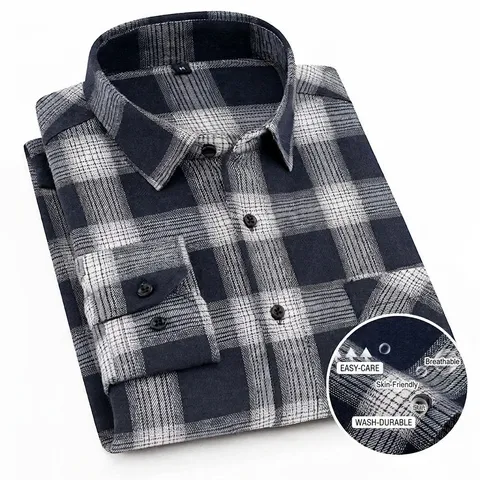 Camisa de Cuadros de Manga Larga Casual para Hombre Mezcla de Algodón Cepillado Cuello Vuelto Botonadura Moda Urbano