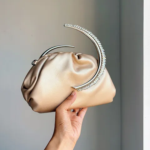 Exquisite Satin Ruched Evening Bag Rhinestone Moon Handle Elegant Banquet Clutch For Women Party Luxury Handbag