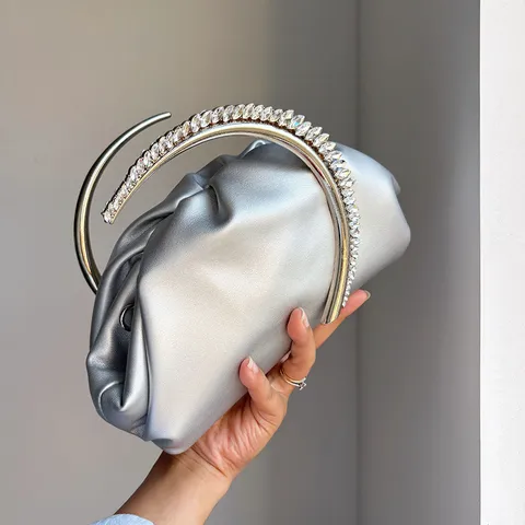 Exquisite Satin Ruched Evening Bag Rhinestone Moon Handle Elegant Banquet Clutch For Women Party Luxury Handbag