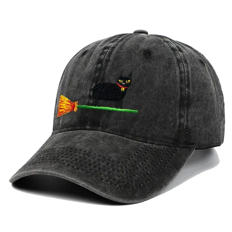 Vintage Washed Distressed Baseball Cap Women Men Halloween Black Cat Embroidery Adjustable Cotton Denim Hat Casual Sun Hat