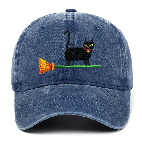 Vintage Washed Distressed Baseball Cap Women Men Halloween Black Cat Embroidery Adjustable Cotton Denim Hat Casual Sun Hat