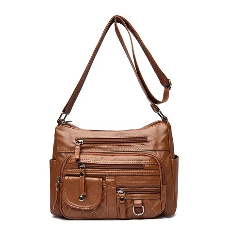 Women Vintage PU Leather Multi-Pocket Crossbody Bag Elegant Solid Color Large Capacity Soft Shoulder Bag For Daily Commuting