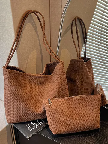 Retro Geweven PU-Leren Schoudertas voor Dames Eenvoudige Niche Woon-werkverkeer Tote Bag voor Dagelijkse Mode Bruin Zwart Khaki