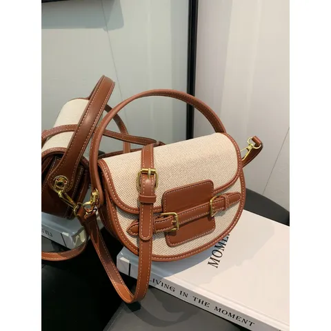 Women Colorblock Saddle Bag Vintage PU Leather Canvas Patchwork Shoulder Bag Small Crossbody Bag With Top Handle Gold Hardware Handbag