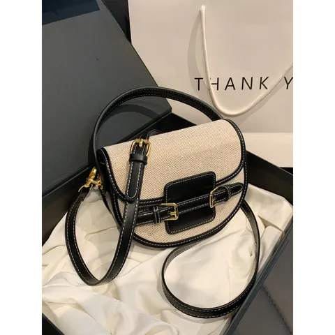 Women Colorblock Saddle Bag Vintage PU Leather Canvas Patchwork Shoulder Bag Small Crossbody Bag With Top Handle Gold Hardware Handbag