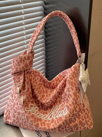 Damen Große Kapazität Segeltuch Tragetasche Lässiger Stil Leopard Stern Muster Umhängetasche Bestickte Buchstaben Freizeit Tasche Für Schule